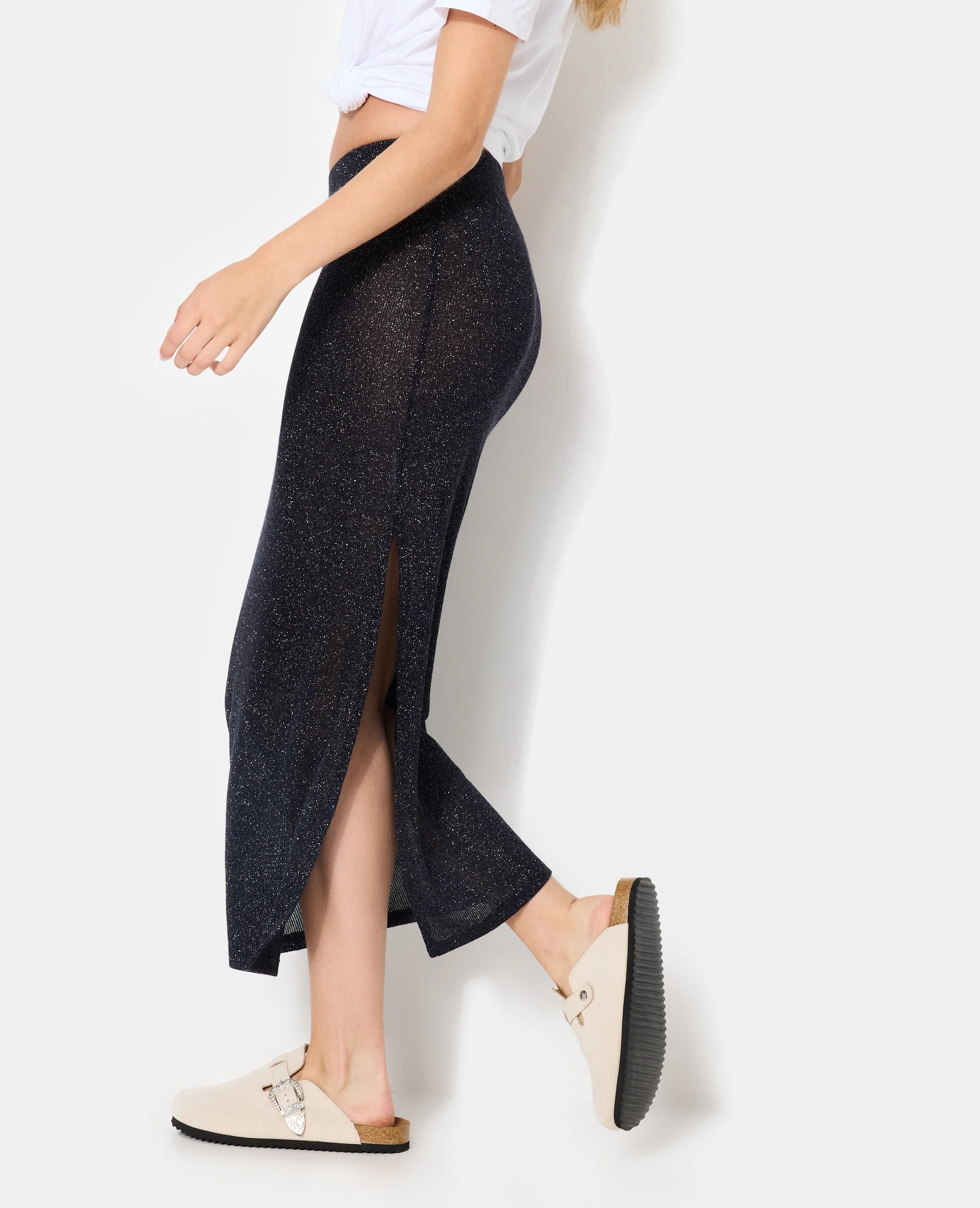 Jupe longue en maille avec fils lurex