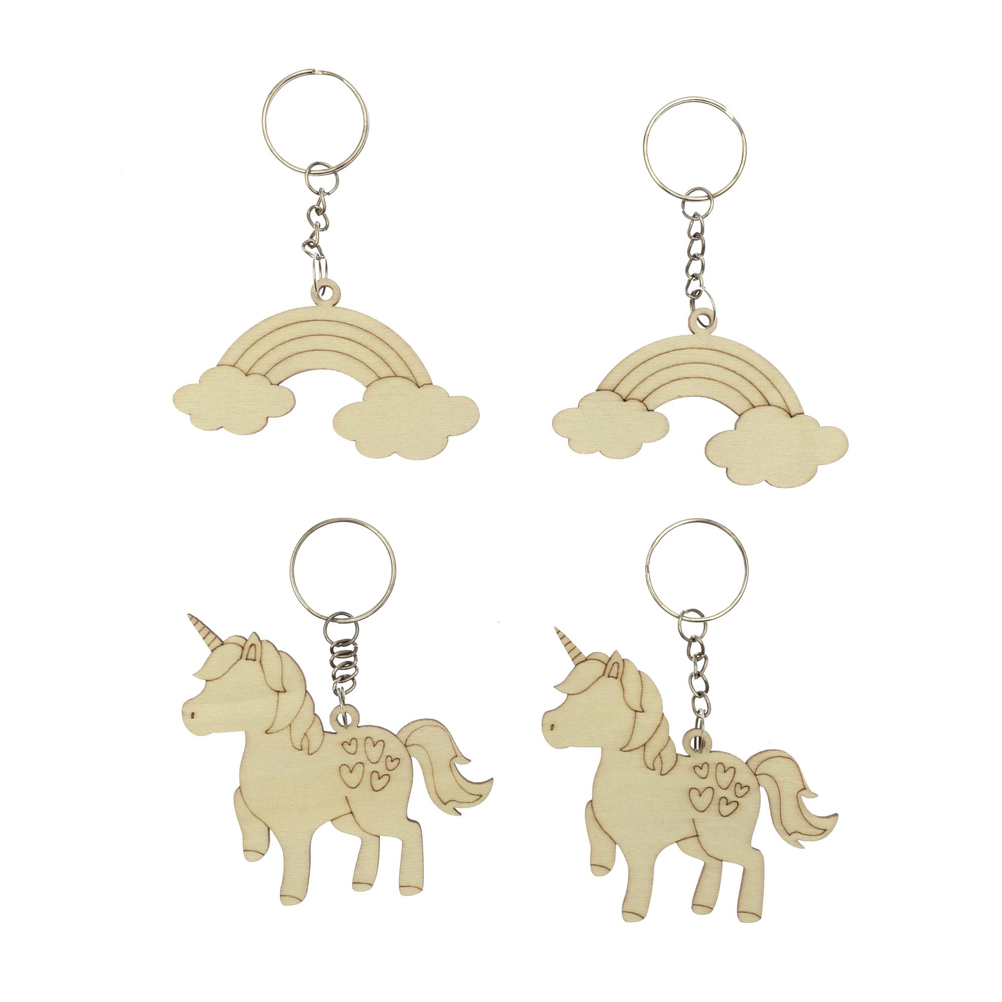 Unicorn and Rainbow Wooden Keyrings 4 Pack
