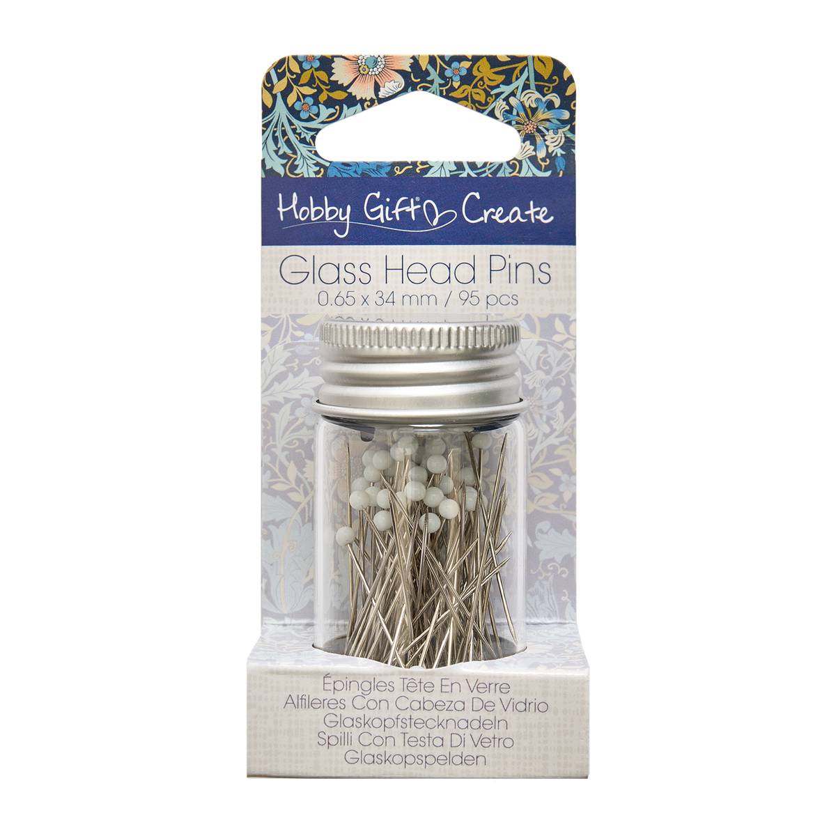 Blue Woodblock Floral Glass Head Pins 95 Pack