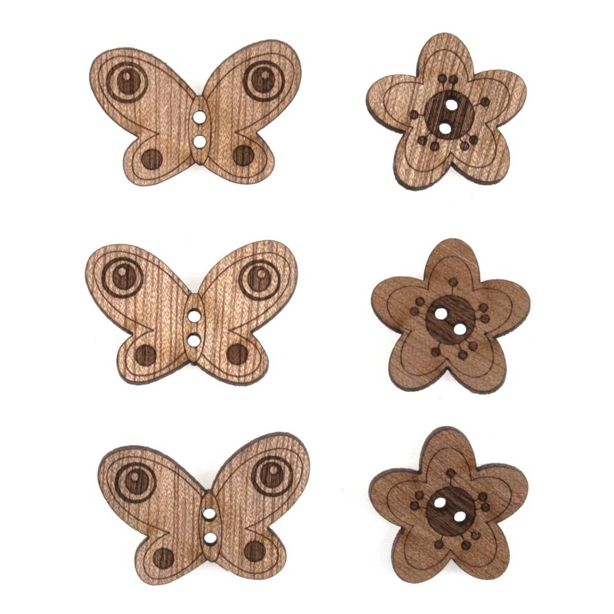 Trimits Wooden Butterfly and Flower Buttons 6 Pieces