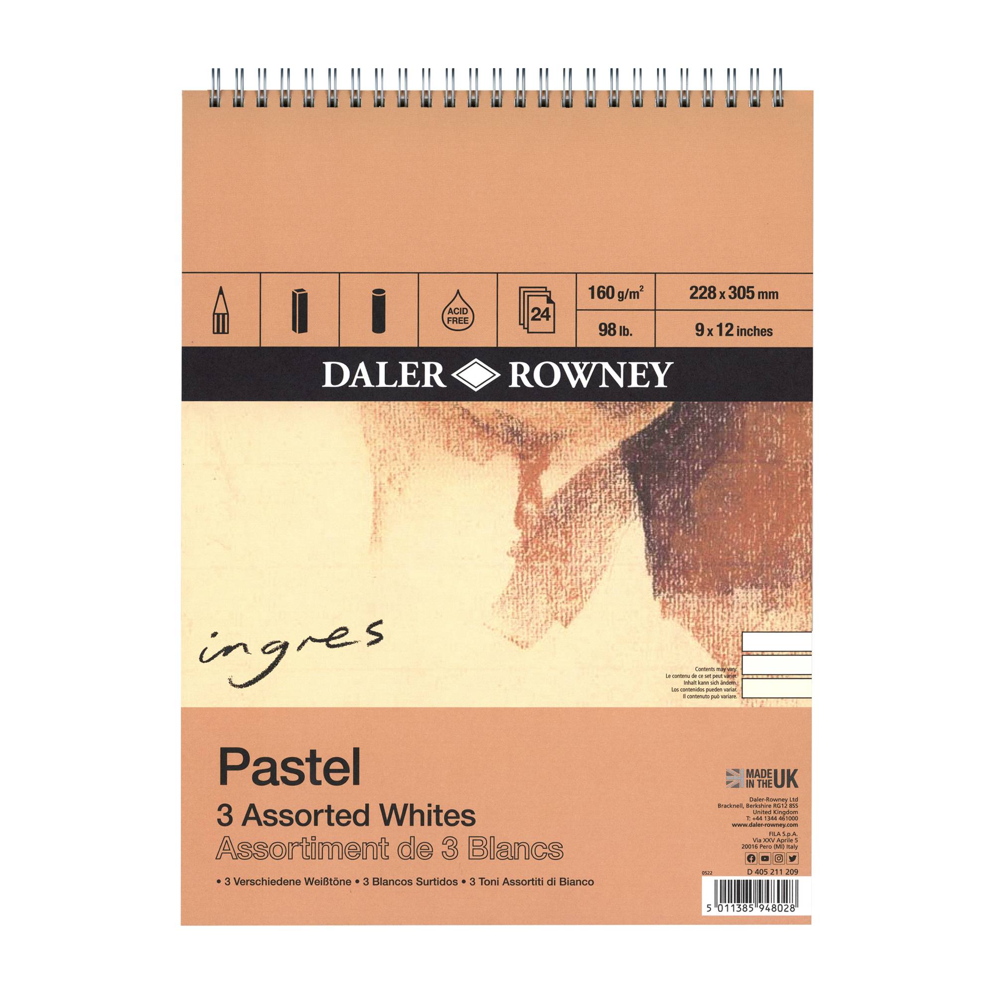 Daler-Rowney White Ingres Pastel Paper 12 x 9 Inches 24 Sheets