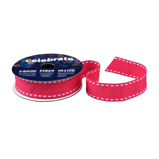 Hot Pink Grosgrain Running Stitch Ribbon 15mm x 4m