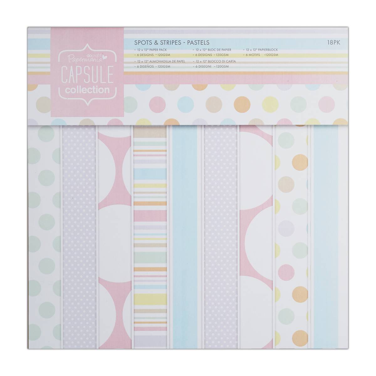 Papermania Pastel Spots and Stripe Paper Pad 12 x 12 Inches 18 Sheets