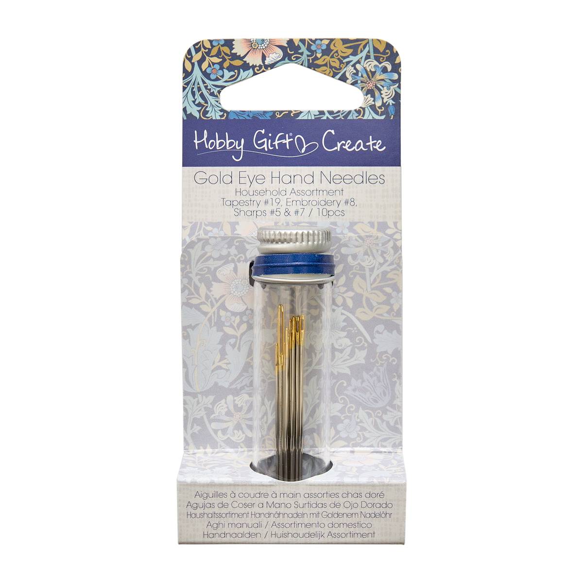 Blue Woodblock Floral Gold Eye Hand Needles 10 Pack