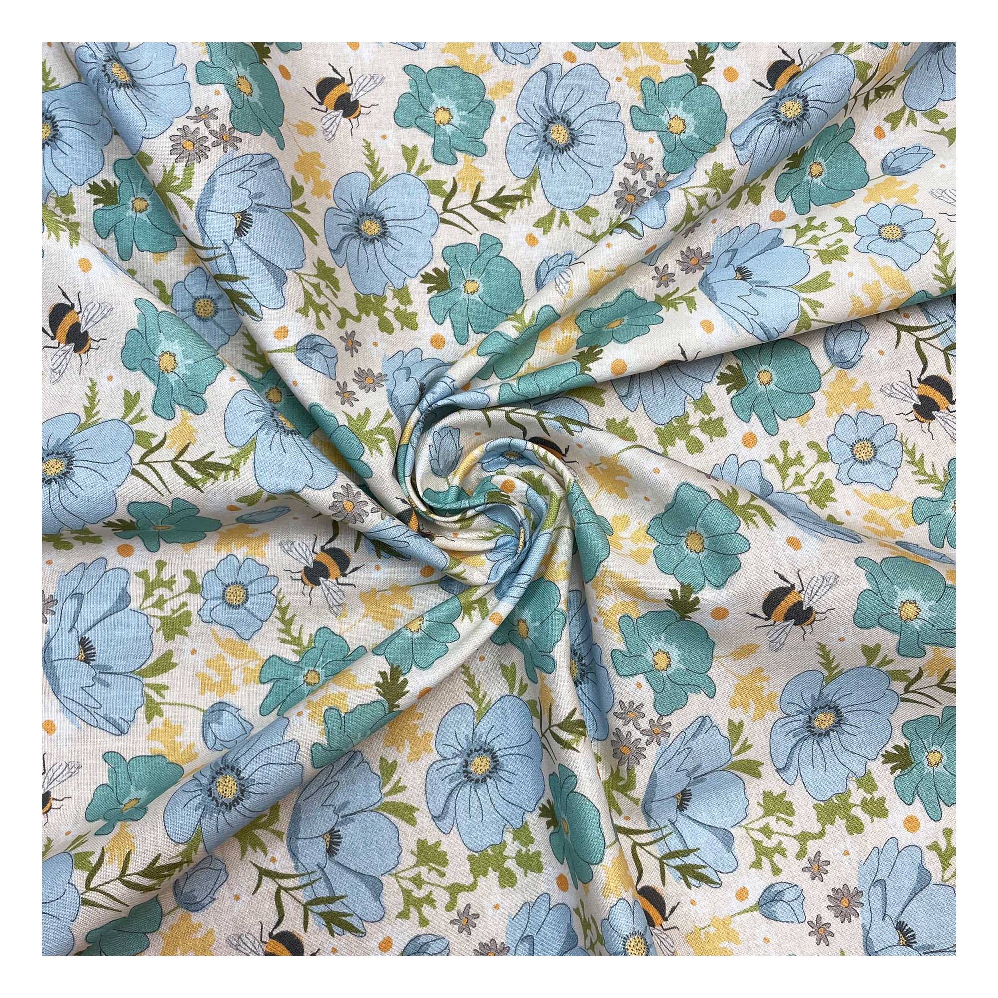 WI White Garden Bee Cotton Fabric by the Metre