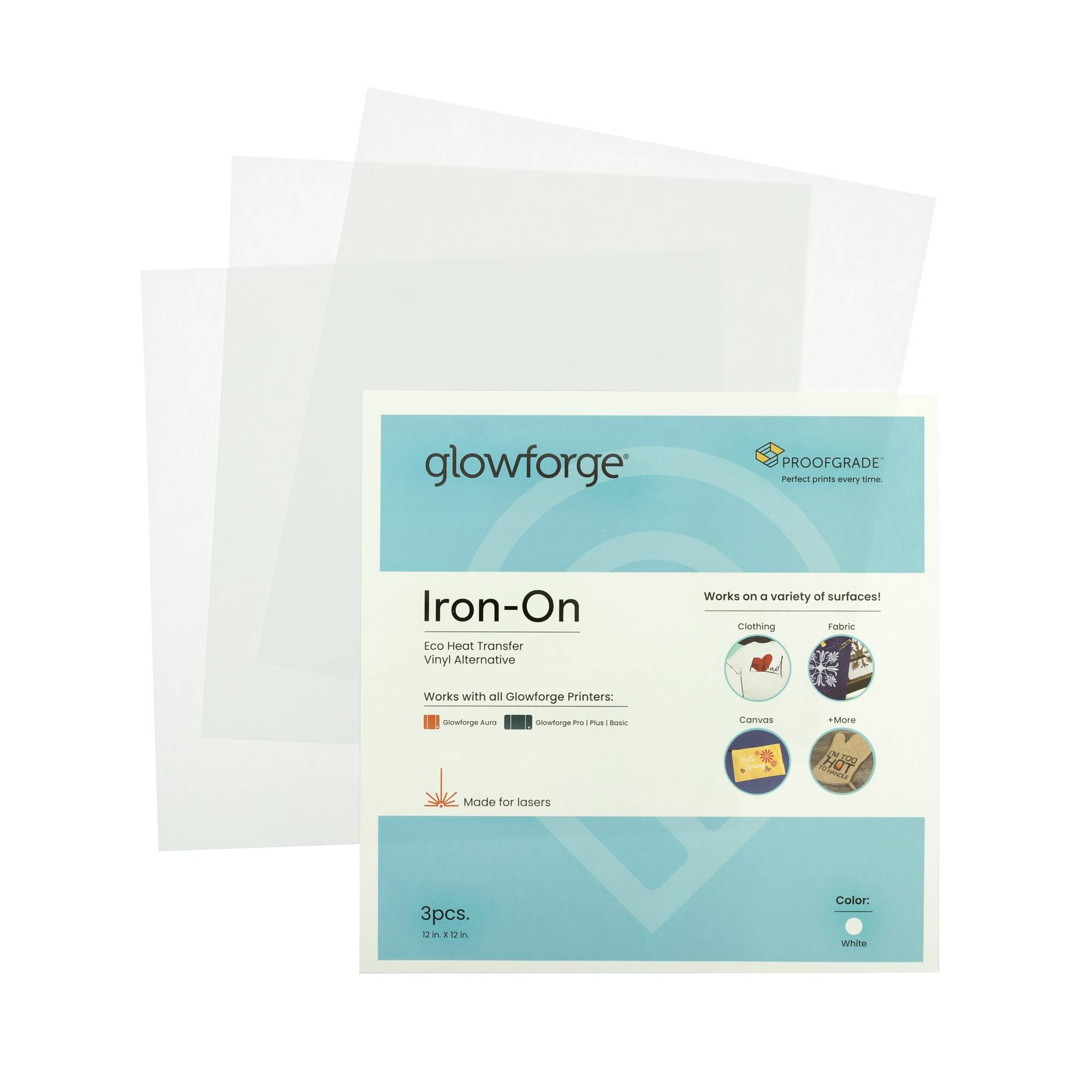 Glowforge Proofgrade White Eco Iron-On 12 x 12 Inches 3 Pack