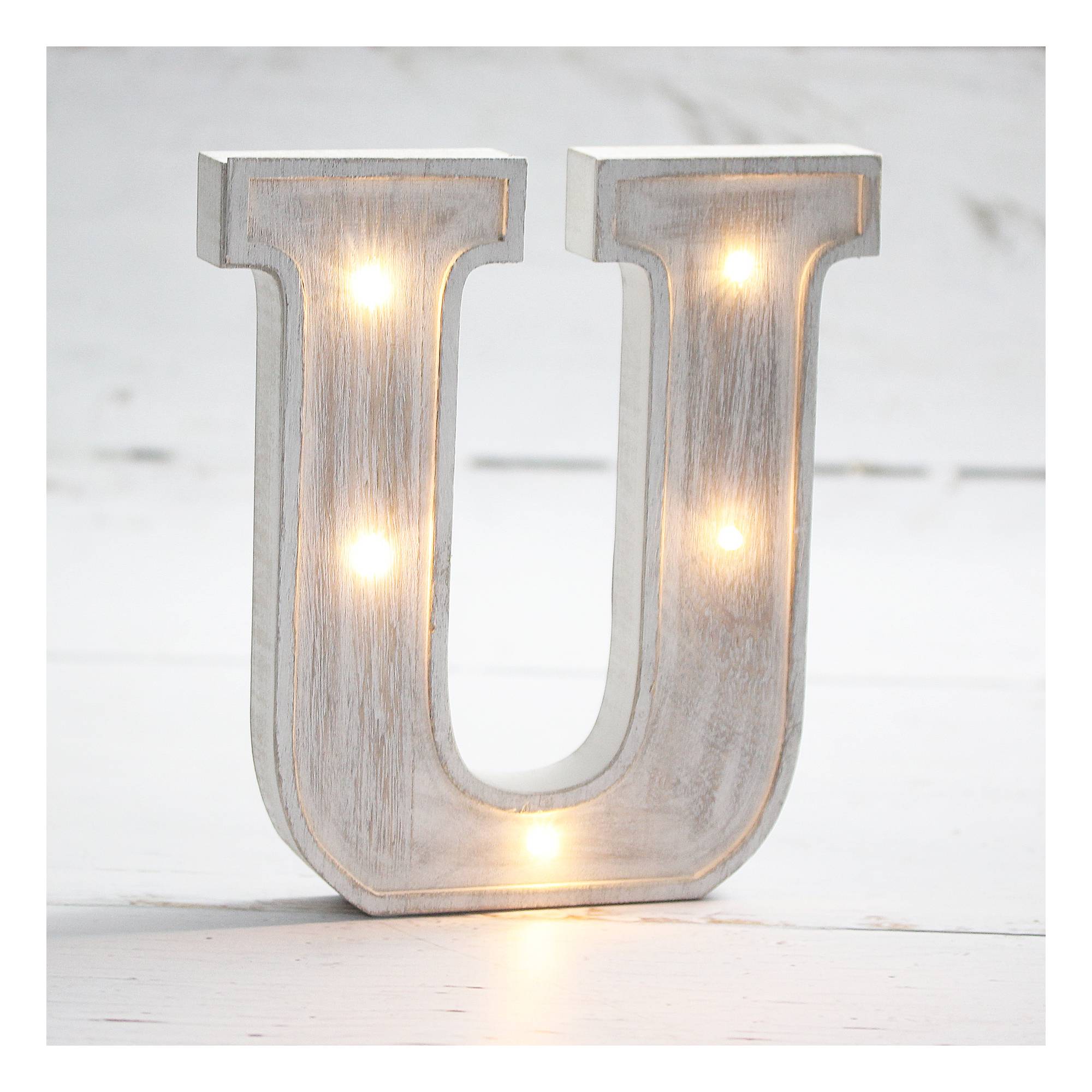 White-Washed Wooden LED Letter U 21cm