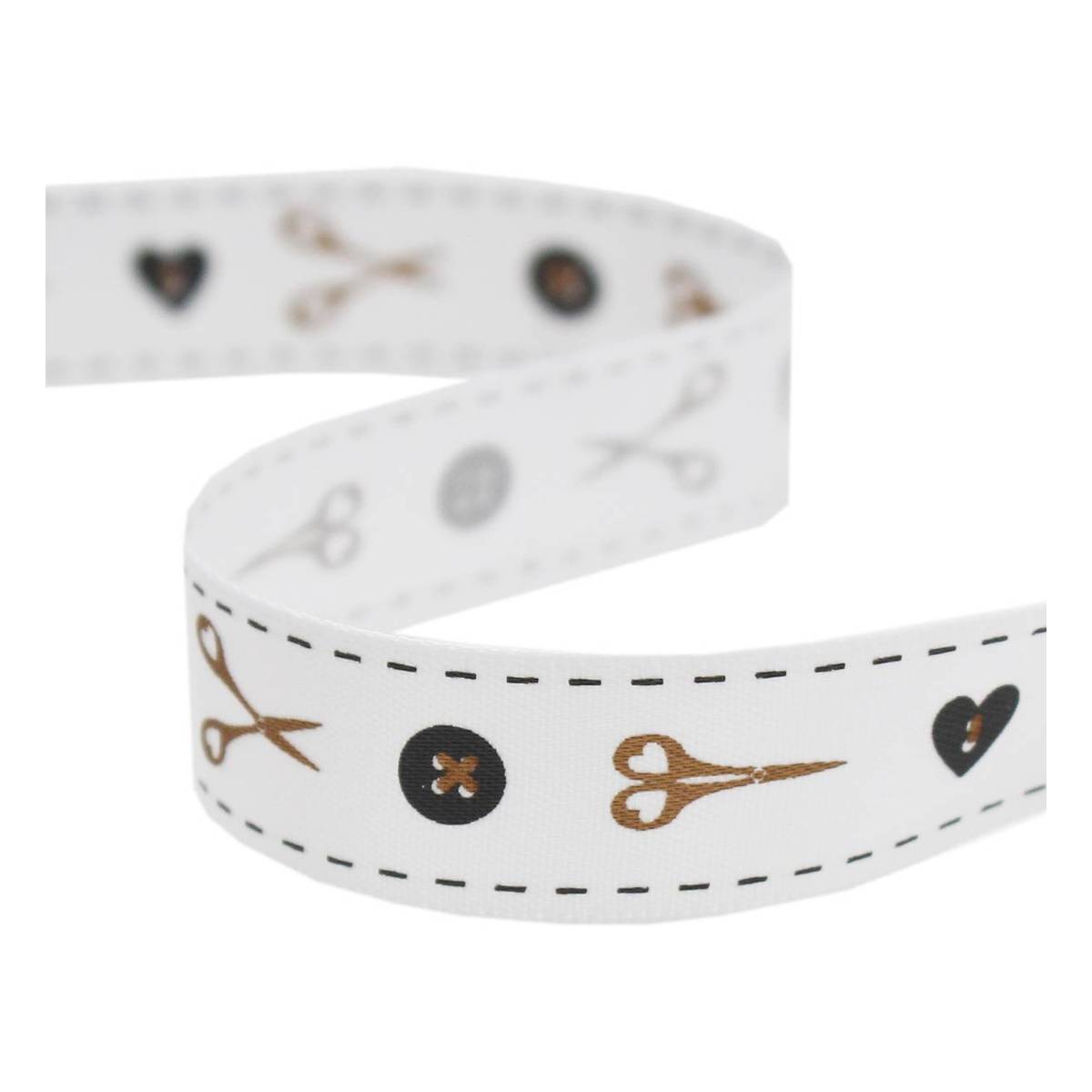 Gold and Grey Buttons and Scissors Satin Ribbon 16mm x 4m