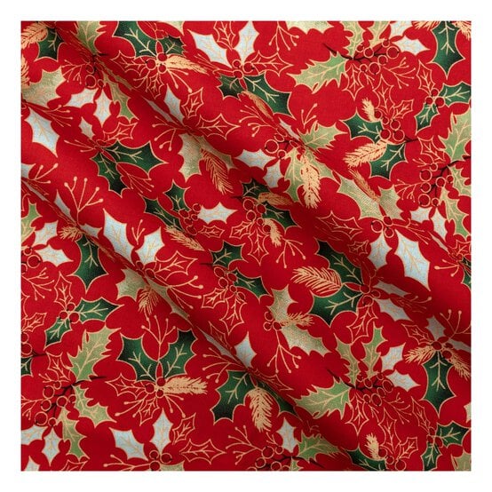 Red Traditional Holly Cotton Fabric by the Metre