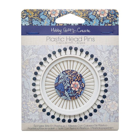 Blue Woodblock Floral Plastic Head Pins 40 Pack