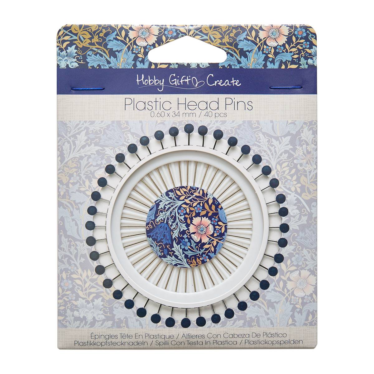 Blue Woodblock Floral Plastic Head Pins 40 Pack