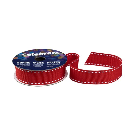 Red Grosgrain Running Stitch Ribbon 15mm x 4m