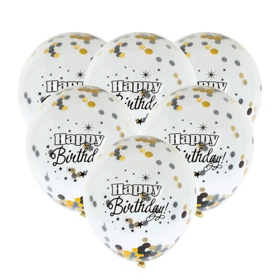 Black and Gold Happy Birthday Confetti Balloons 6 Pack