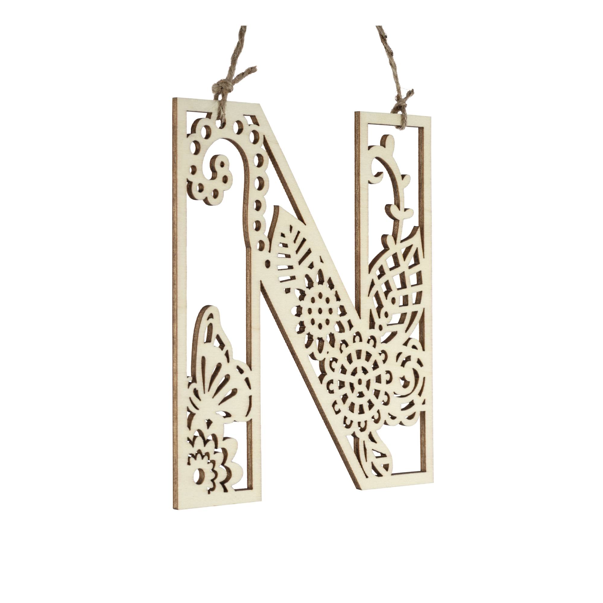 Wooden Filigree Hanging Letter N 12cm