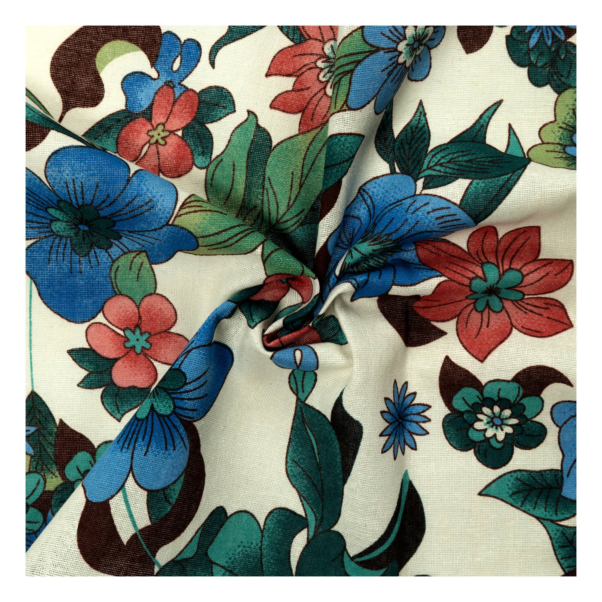 Blue Hibiscus Print Linen Look Fabric by the Metre