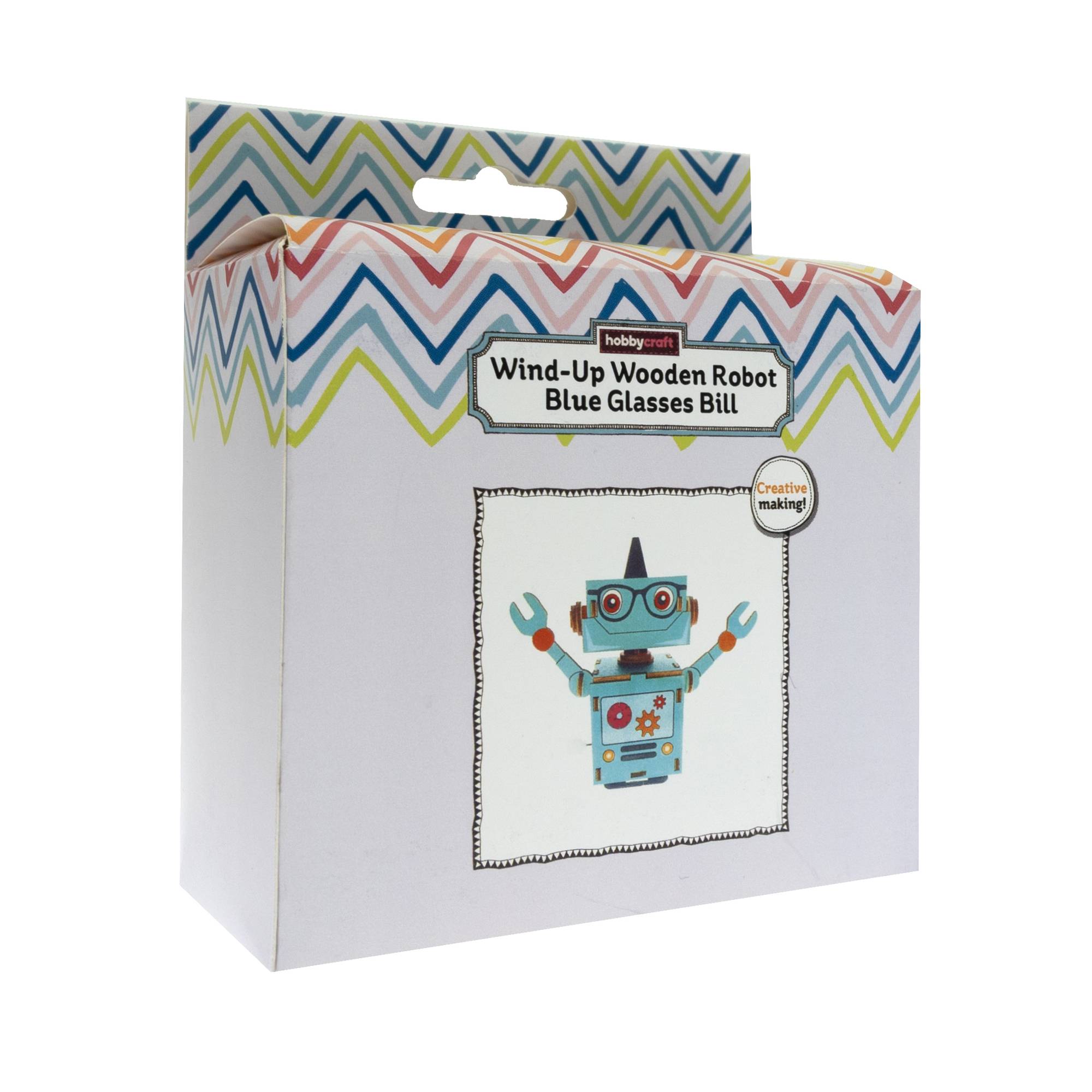 Wind-Up Wooden Robot Blue Glasses Bill