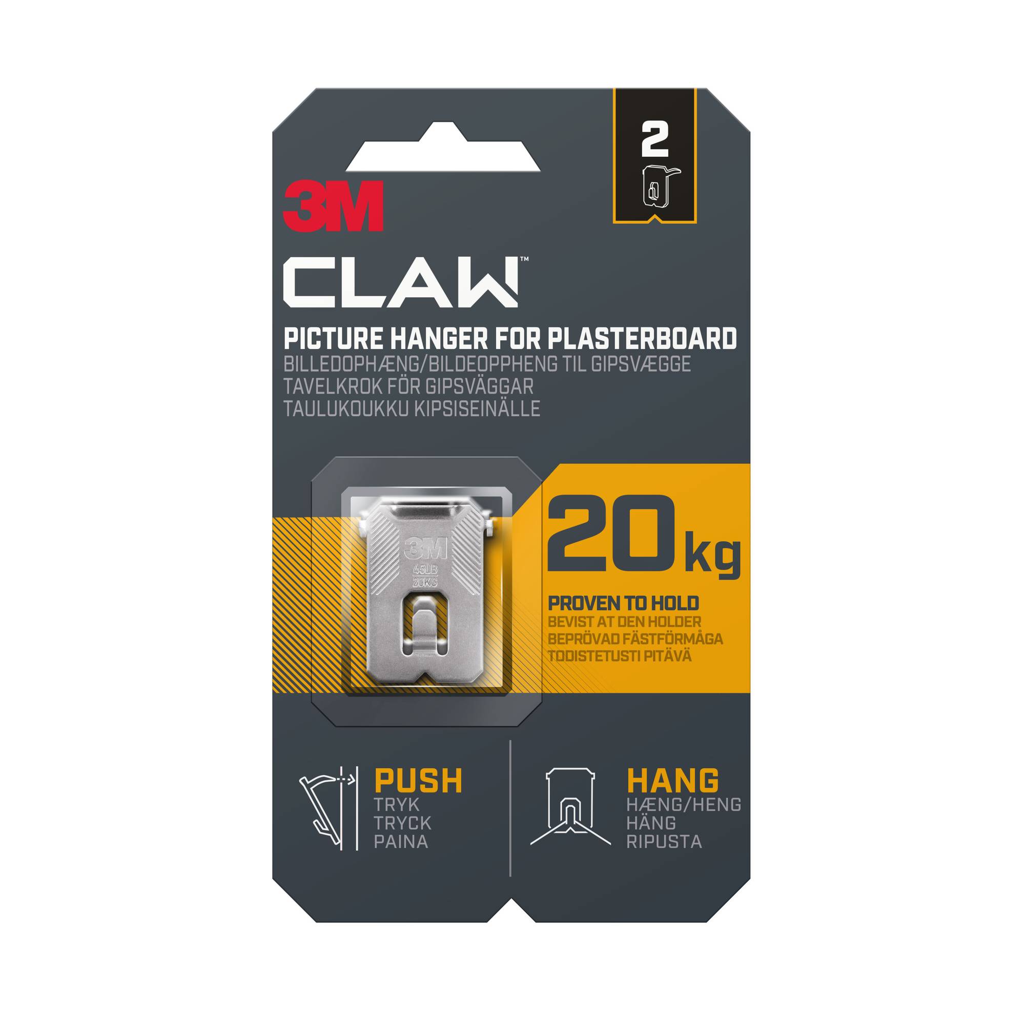 3M CLAW Picture Hanger for Plasterboard 20kg 2 Pack
