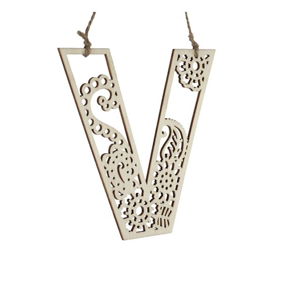Wooden Filigree Hanging Letter V 12cm