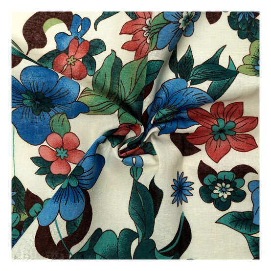 Blue Hibiscus Print Linen Look Fabric by the Metre