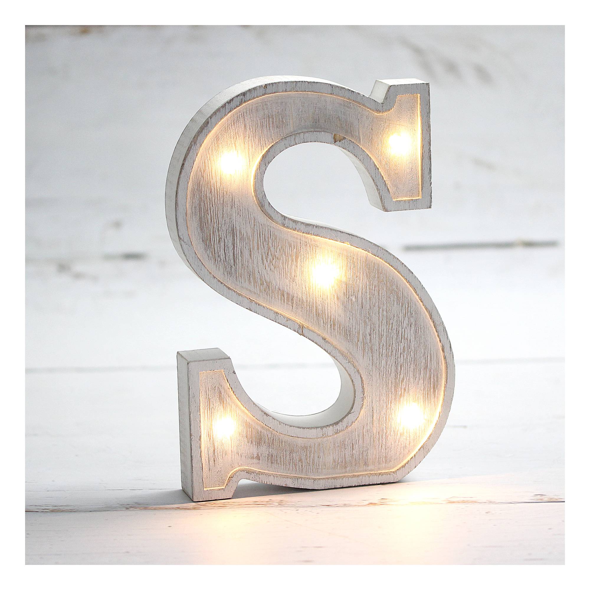 White-Washed Wooden LED Letter S 21cm