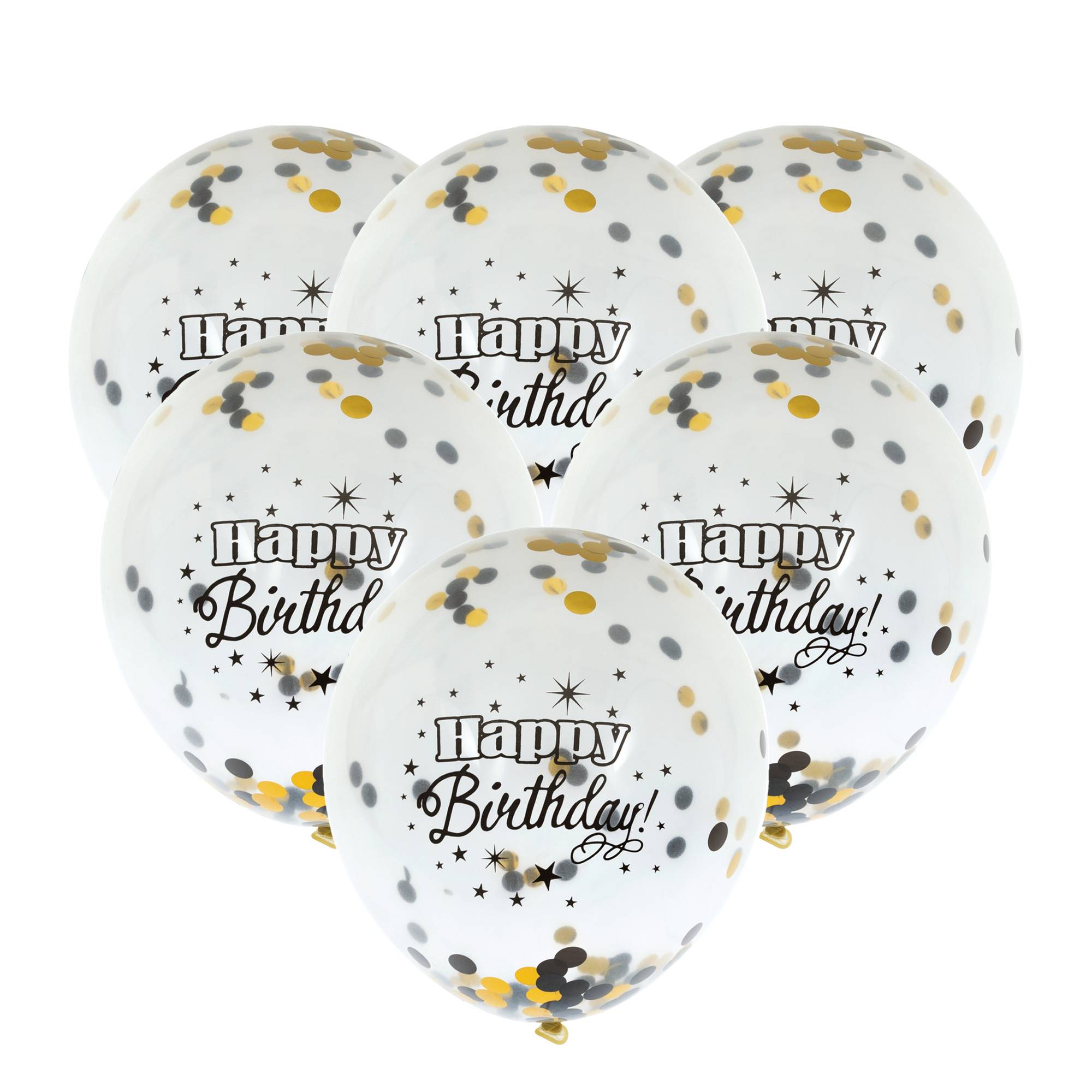Black and Gold Happy Birthday Confetti Balloons 6 Pack