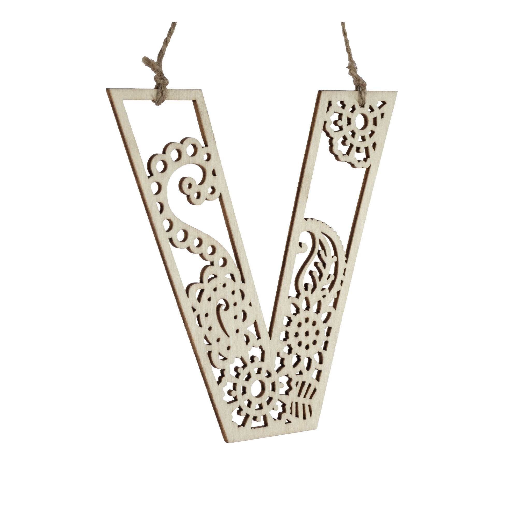 Wooden Filigree Hanging Letter V 12cm