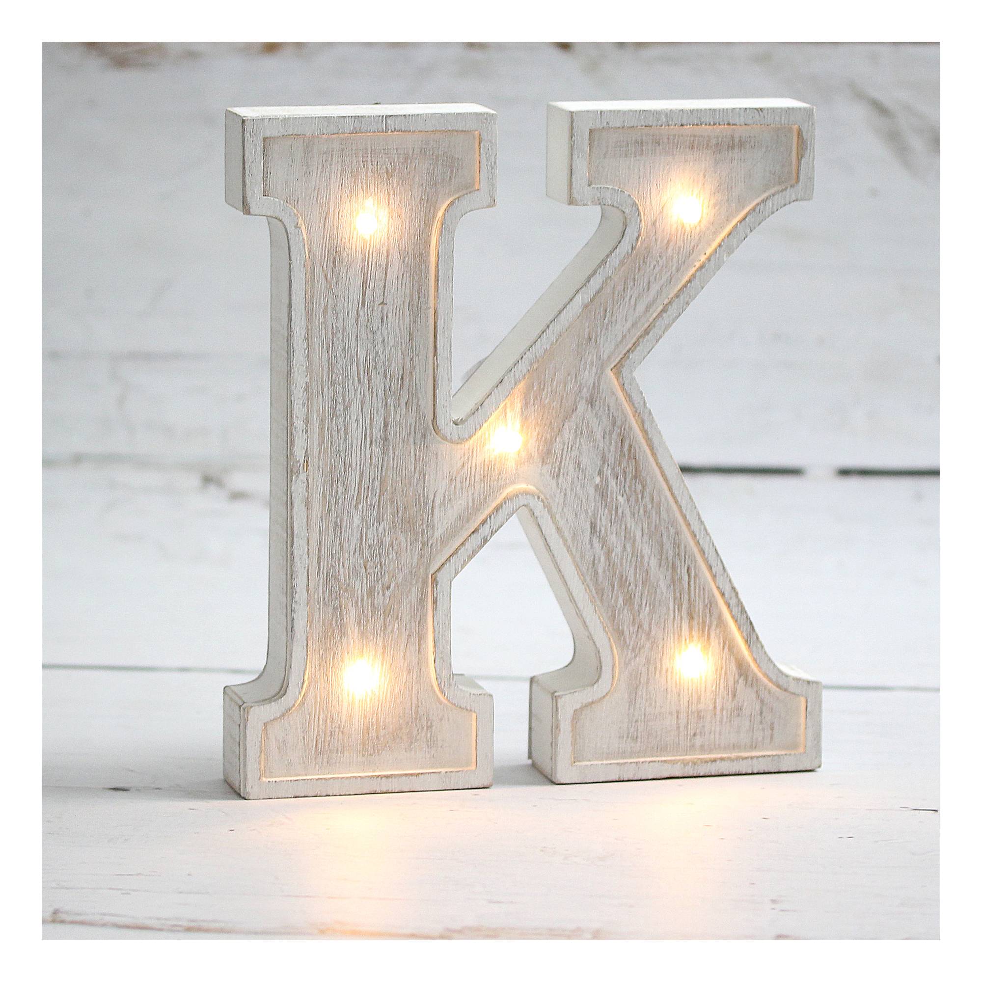White-Washed Wooden LED Letter K 21cm