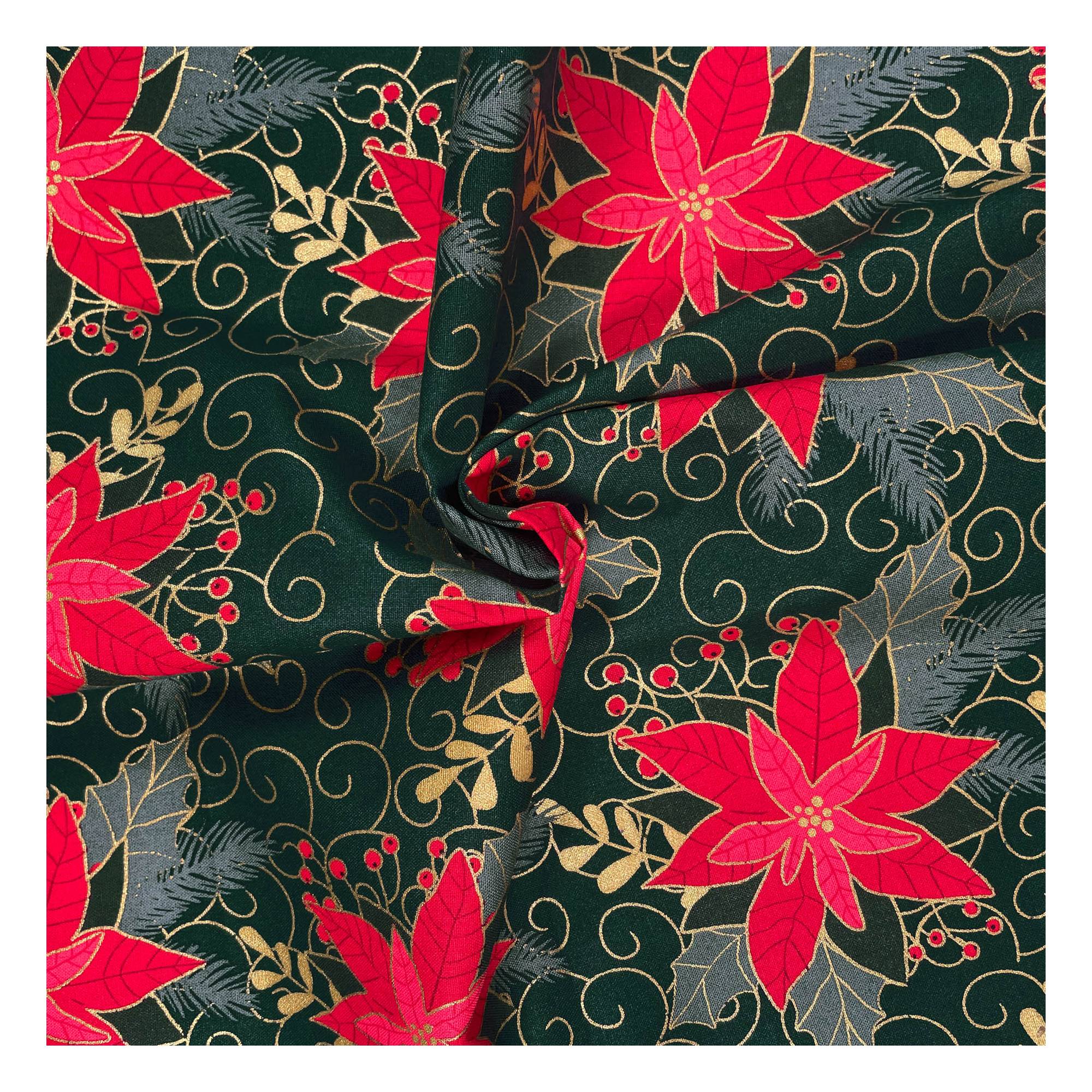 Green Poinsettia Cotton Fabric by the Metre