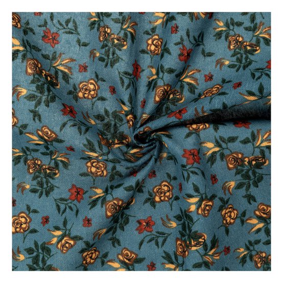 Blue Floral Print Linen Look Fabric by the Metre