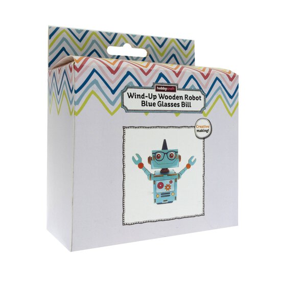 Wind-Up Wooden Robot Blue Glasses Bill