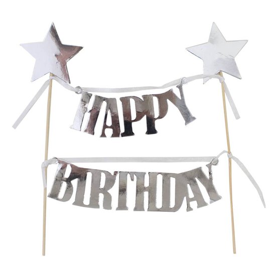 Silver Happy Birthday Cake Bunting Topper
