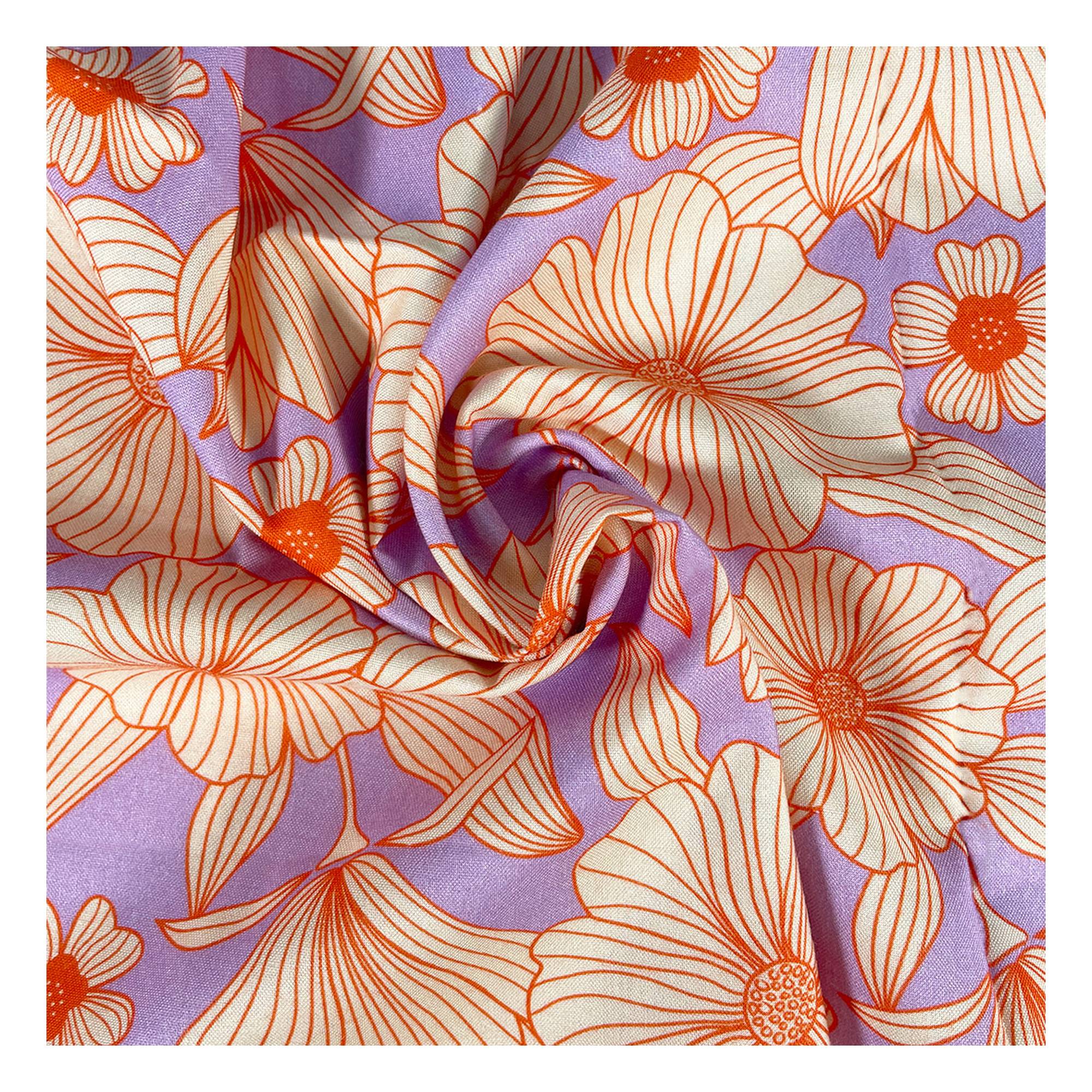 Lilac Orange Line Flower Viscose Fabric by the Metre