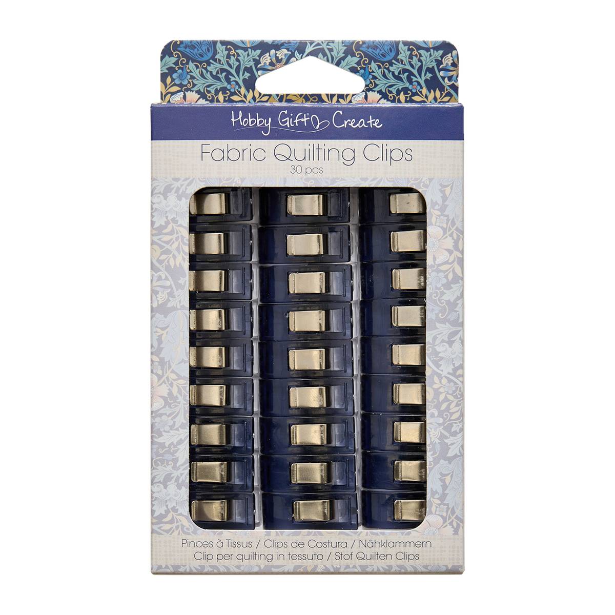 Blue Woodblock Floral Fabric Quilting Clips 30 Pack