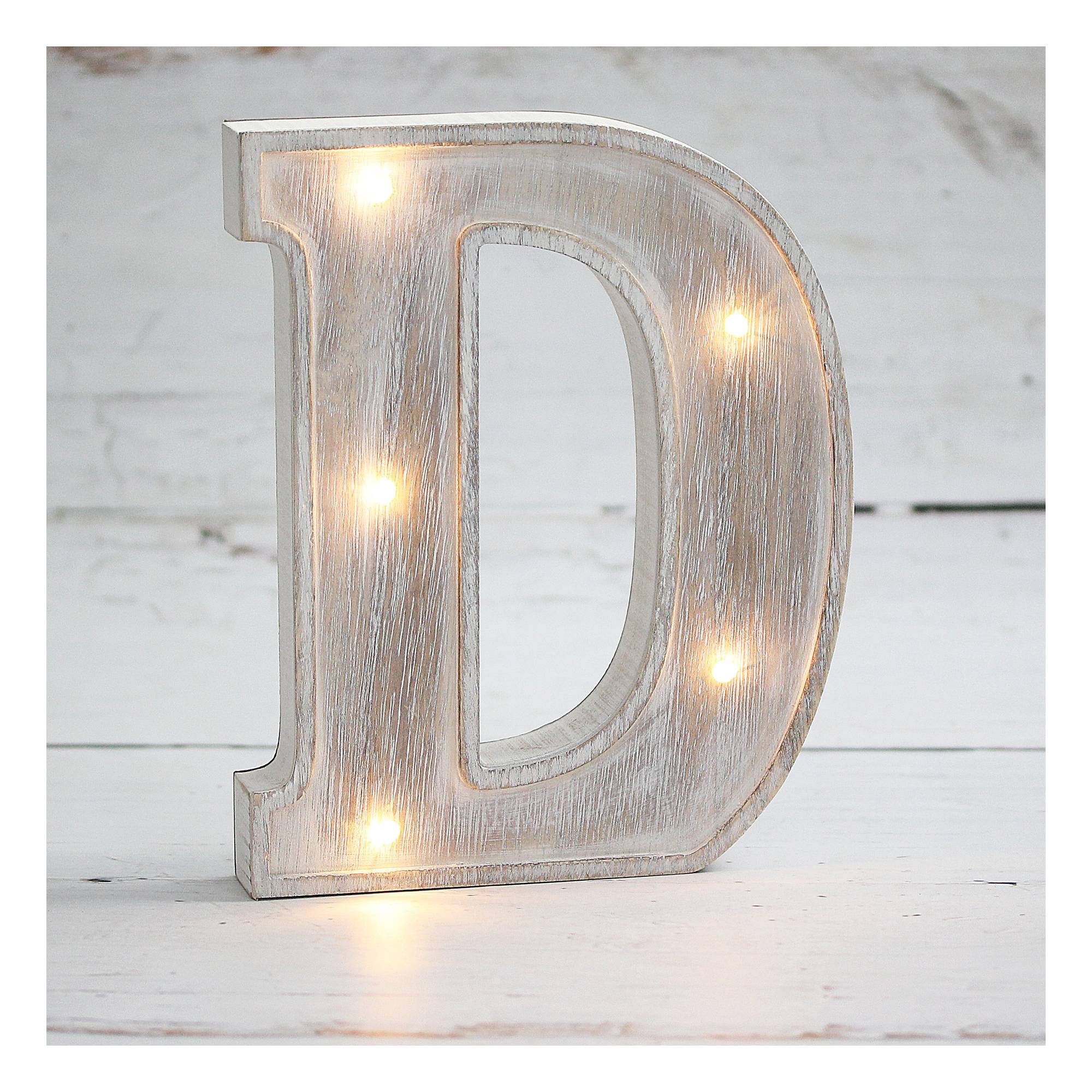 White-Washed Wooden LED Letter D 21cm