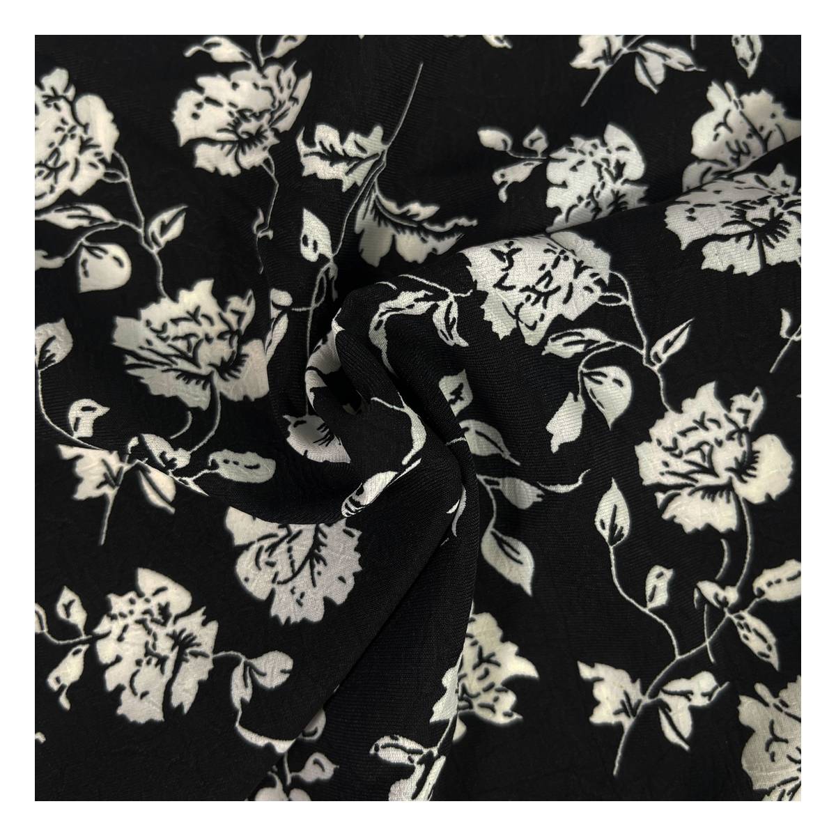 White Floral on Black Crinkle Print Fabric by the Metre