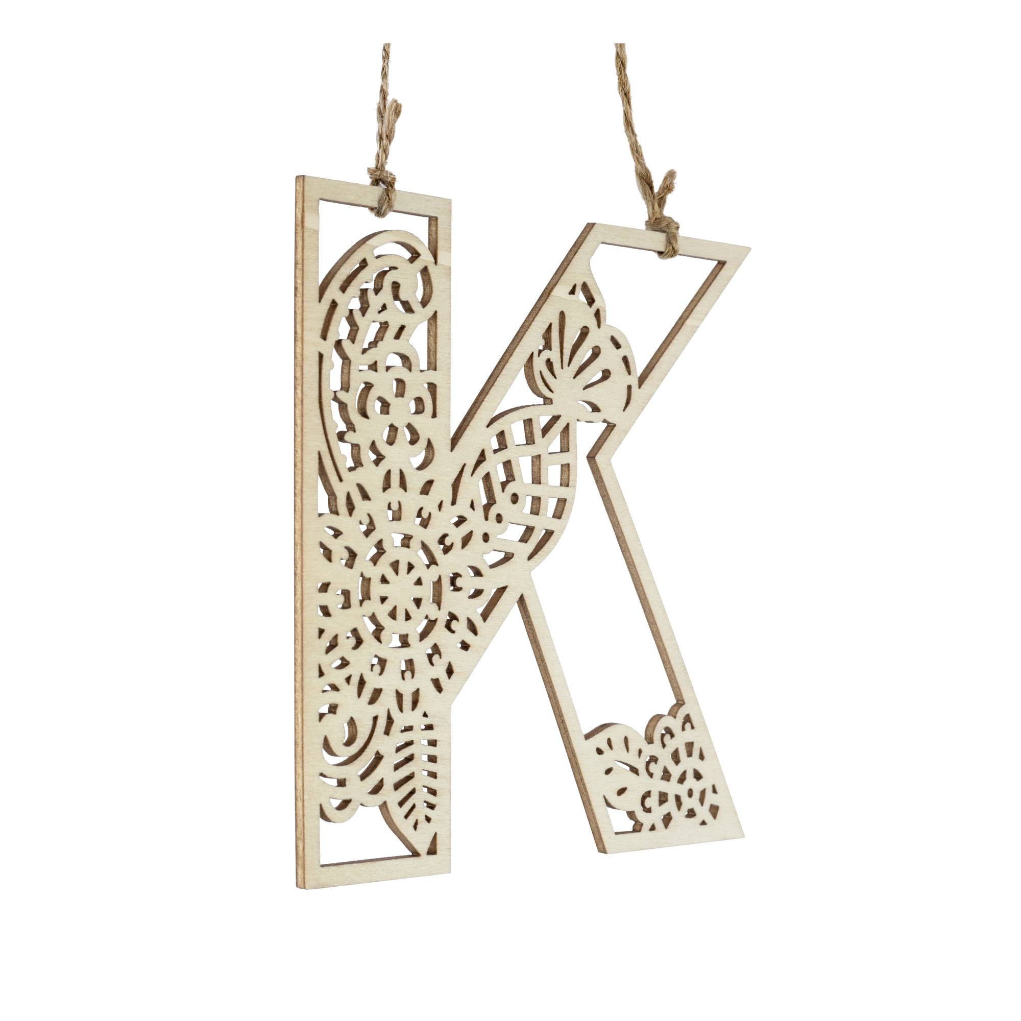 Wooden Filigree Hanging Letter K 12cm