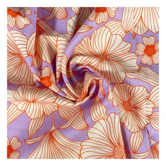 Lilac Orange Line Flower Viscose Fabric by the Metre
