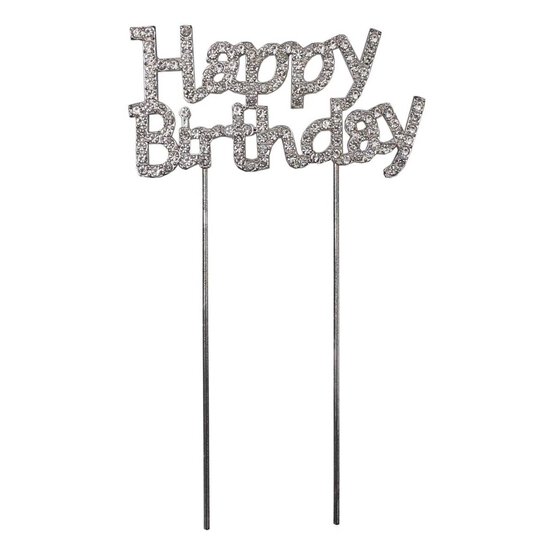 Silver Happy Birthday Diamante Cake Pick