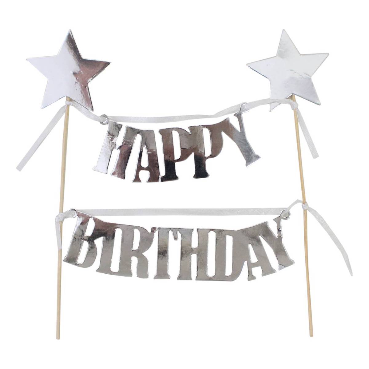 Silver Happy Birthday Cake Bunting Topper
