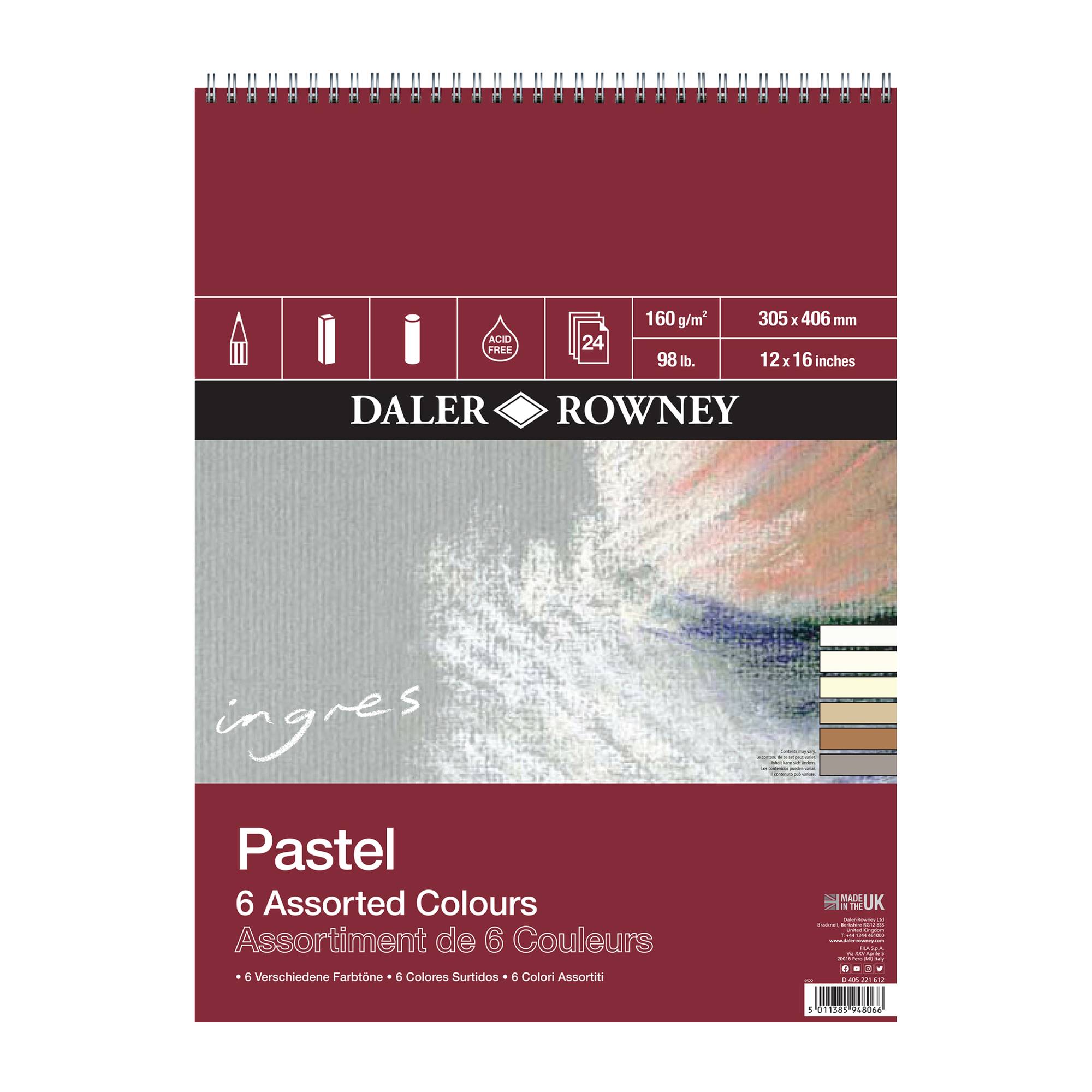Daler-Rowney Assorted Ingres Pastel Paper 16 x 12 Inches 24 Sheets