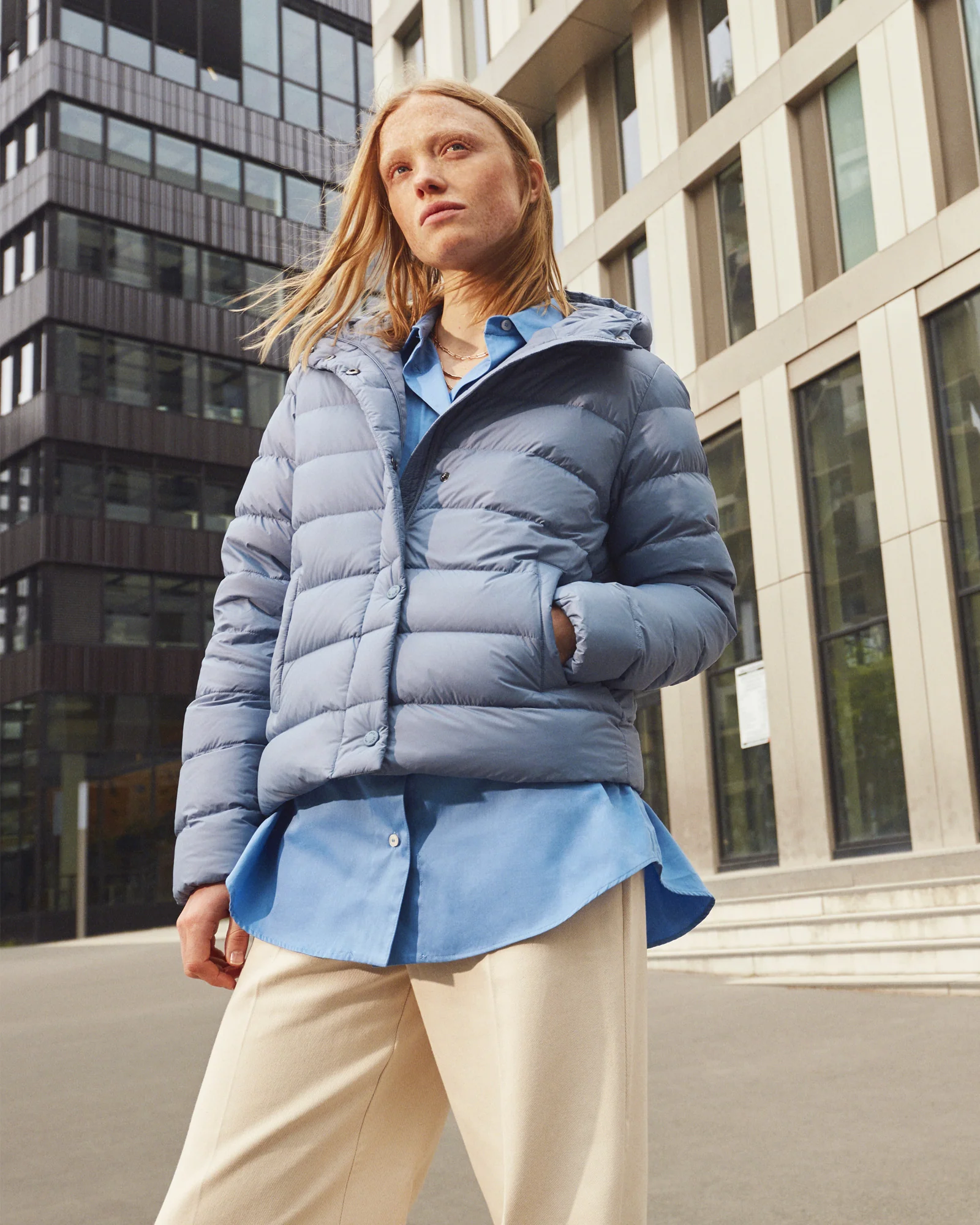 Down jacket straight hooded faded blue Jane