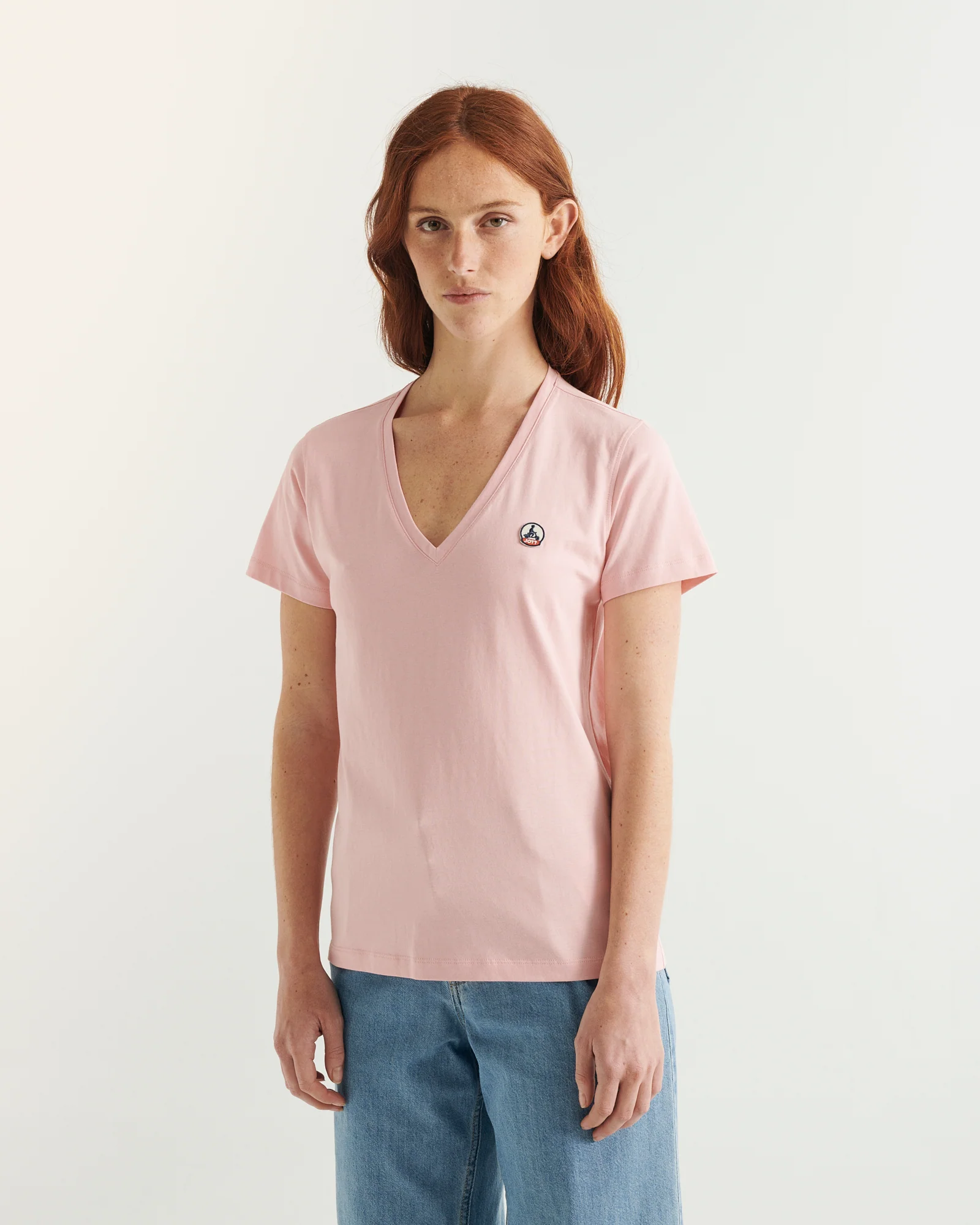 Plain V-neck T-shirt in organic cotton Peach pink Cancun 2.0