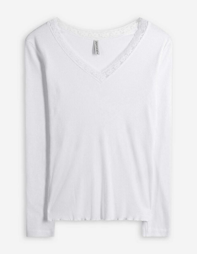 Langarmshirt - Spitzenbesatz - wei&szlig;