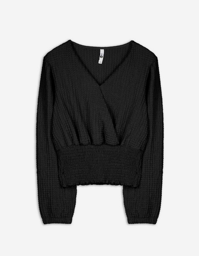 Langarmshirt - Crinkle-Optik - schwarz