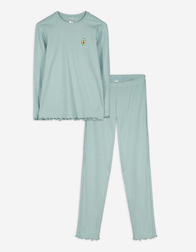 Pyjama Set aus Langarmshirt und Hose- Muschelsaum - gr&uuml;n