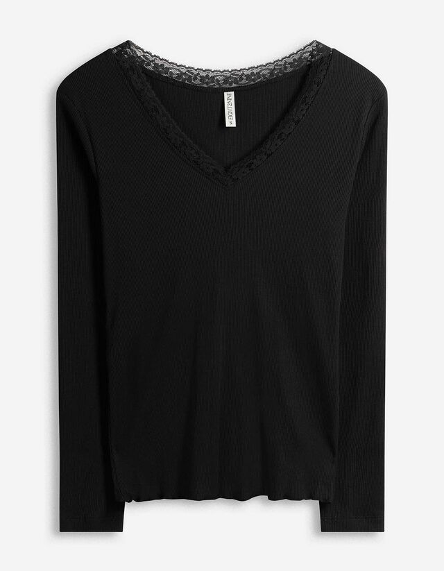 Langarmshirt - Spitzenbesatz - schwarz