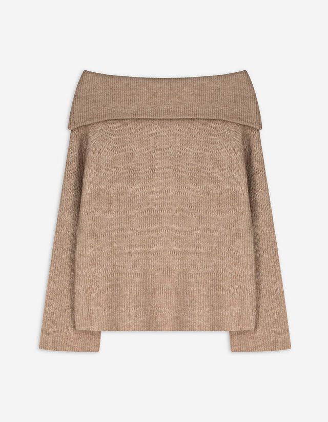 Strickpullover - Carmen-Ausschnitt - hellbraun