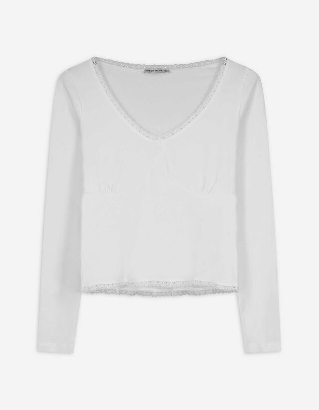 Langarmshirt - Spitzenbesatz - wei&szlig;
