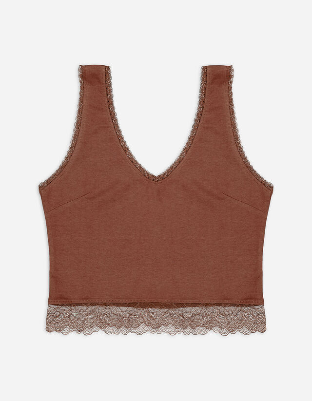 Cropped Top - Spitzenbesatz - hellbraun