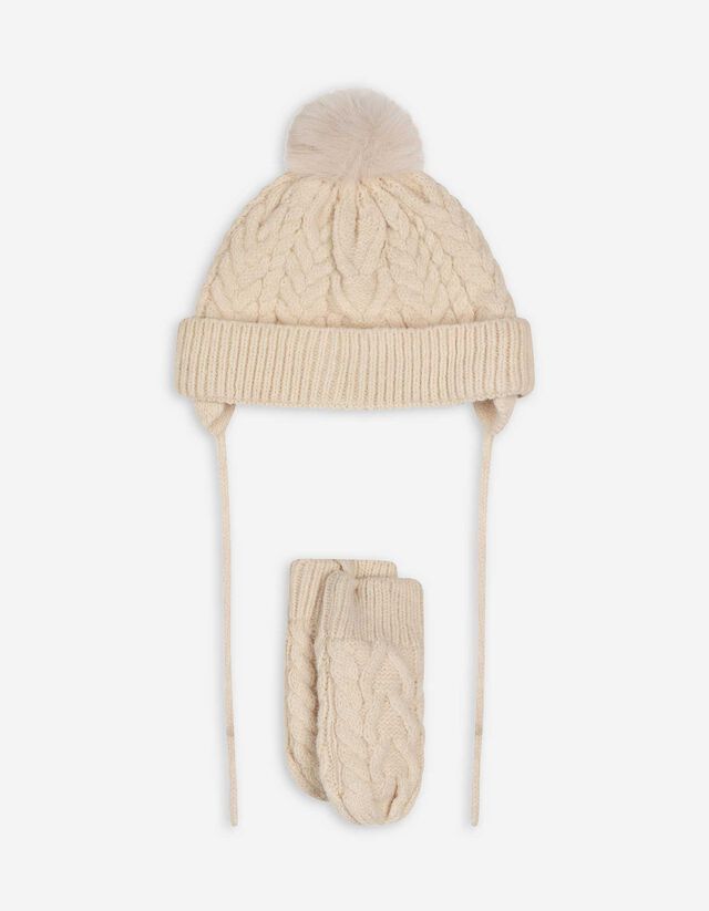 Set aus M&uuml;tze und Handschuhe - Zopfstrick - beige